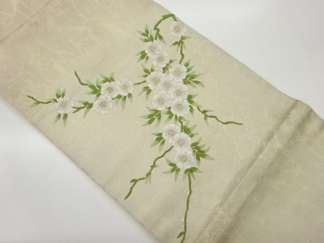 枝葉に花・蕾模様刺繍名古屋帯